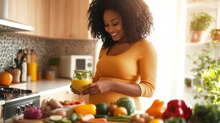 Young Pregnant Latina woman prepares a healthy smoothie in a vibrant kitchen filled with fresh fruits and vegetables. Healthy eating. Healthy living. Fight against obesity. With copy space