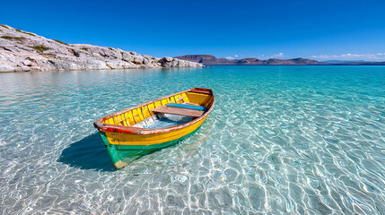 Colorful boat in clear turquoise water, tranquil bay, rocky shore, travel postcard