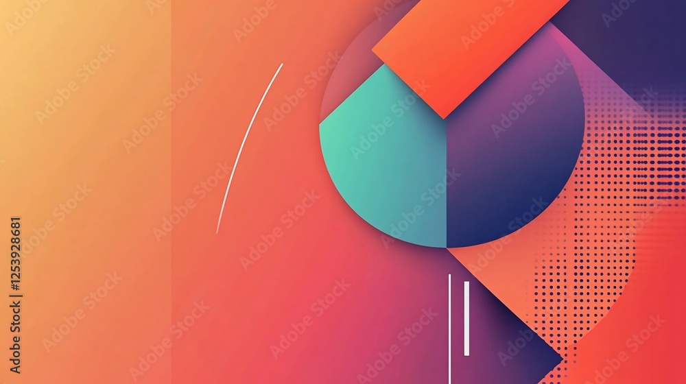 Poster futuristic geometric composition with dynamic shapes, vibrant gradient and halftone pattern