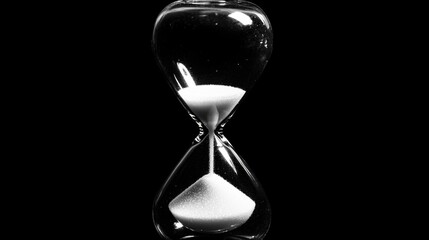 A close-up view of an old-fashioned hourglass in black and white
