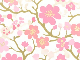 Pink Blossom Delight: A delicate and elegant floral pattern featuring pink blossoms and gold branches creates a serene and sophisticated design. Perfect for backgrounds, textiles, or stationery. 