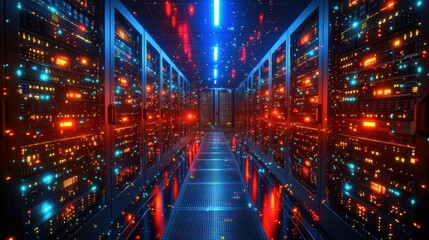 Fototapeta premium Server room data center corridor, glowing lights, network infrastructure