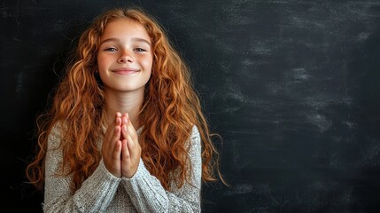 Smiling Red-Haired Girl with Hands Clasped in Front of Chalkboard