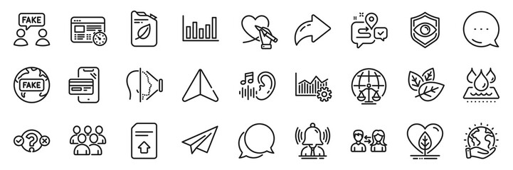 Fake information, Column chart and Local grown line icons pack. Share, Message, Paper plane icons. Operational excellence, Waterproof, Upload file web icon. Vector