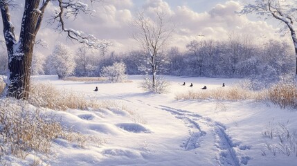 Obraz premium Winter Wonderland: Birds in a Snowy Meadow