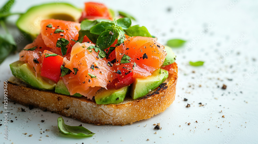 Sticker Bruschetta topped with fresh avocado and salmon on a white backdrop ready for a culinary presentation or menu display.  Appetizer, Starter, Hors d'oeuvre, snacks, small bites