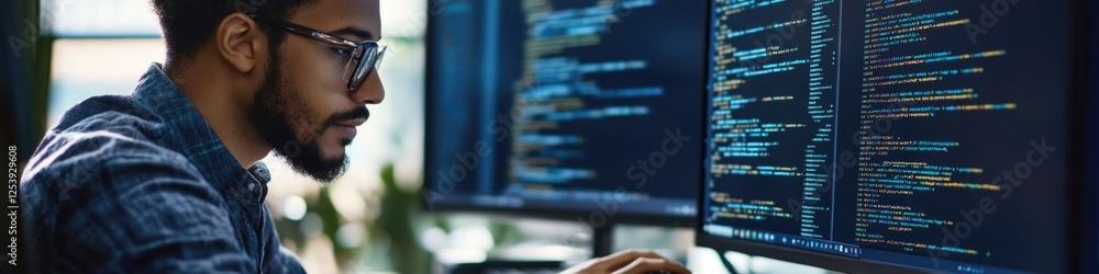 Poster a person sitting in front of a computer monitor, likely working or browsing