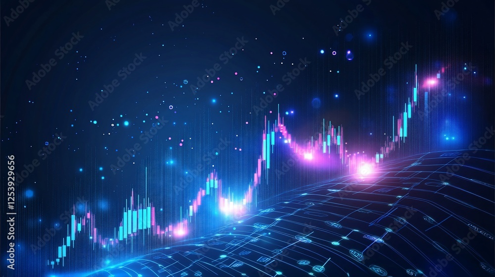 Poster a futuristic glowing financial chart with curved lines and sparkling elements on a dark background