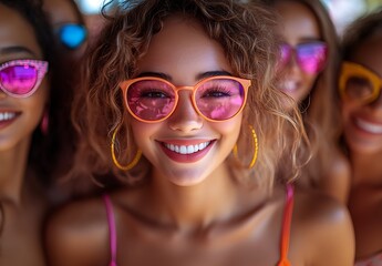 Three Friends Smiling in Colorful Sunglasses on a Sunny Day