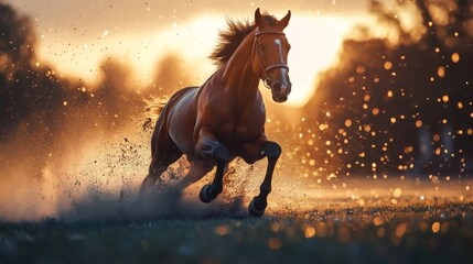 Powerful horse galloping in water at sunset creating dramatic splash