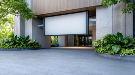 A modern commercial building entrance featuring a large blank billboard, surrounded by lush greenery and sleek architectural design. Billboard Mockup