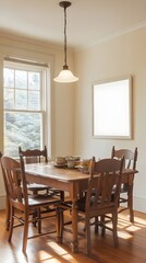 A cozy country-style dining space with a blank white frame above a buffet table.