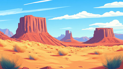 Naklejka premium Vibrant landscape of red rock formations under a bright blue sky with white clouds, typical of the American Southwest with desert vegetation.