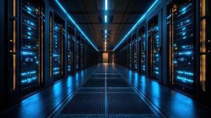 Fototapeta premium Server room, data center, network, technology, glowing, digital, infrastructure, future