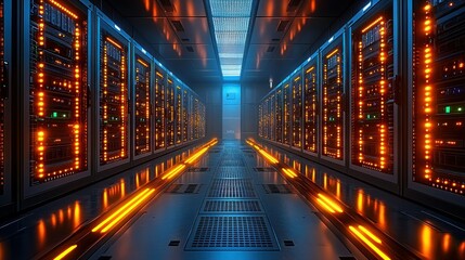Server room, data center, glowing lights, technology, network infrastructure
