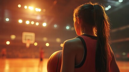 Female basketball player holding ball watching teammates training on court
