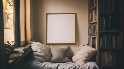 A cozy Japandi reading nook with neutral-colored pillows and a framed blank canvas.