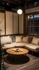 A cozy Japandi reading nook with neutral-colored pillows and a framed blank canvas.