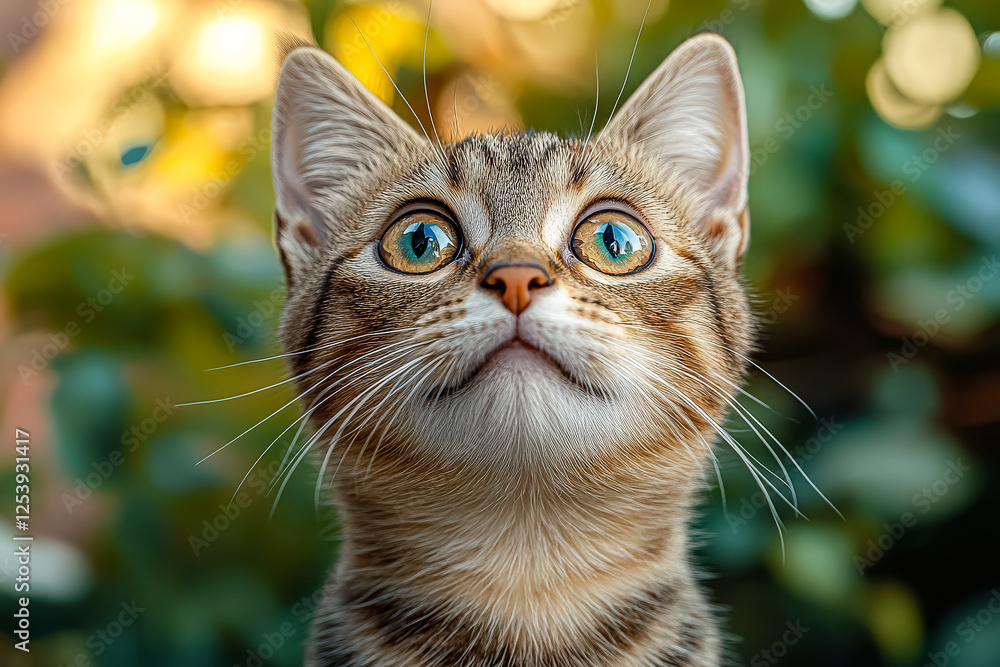 Poster cat with green eyes is looking up at the camera. the cat is looking at the camera with a curious exp