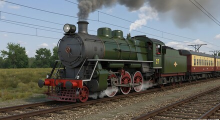 Naklejka premium Vintage Steam Train with Passenger Cars on Railway Track Traveling