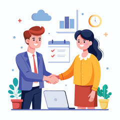 People shaking hands at work - Two businesspeople, man and woman doing handshake in office at work while smiling over business agreement and deal. Flat design stock illustration on white background