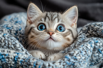 Kitten is laying on a blanket with its eyes closed. The kitten has blue eyes and is looking at the camera