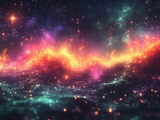 Cosmic Firestorm: A vibrant, abstract depiction of a celestial landscape, swirling with fiery orange, pink, and teal hues, resembling a cosmic firestorm amidst a field of glittering stars.