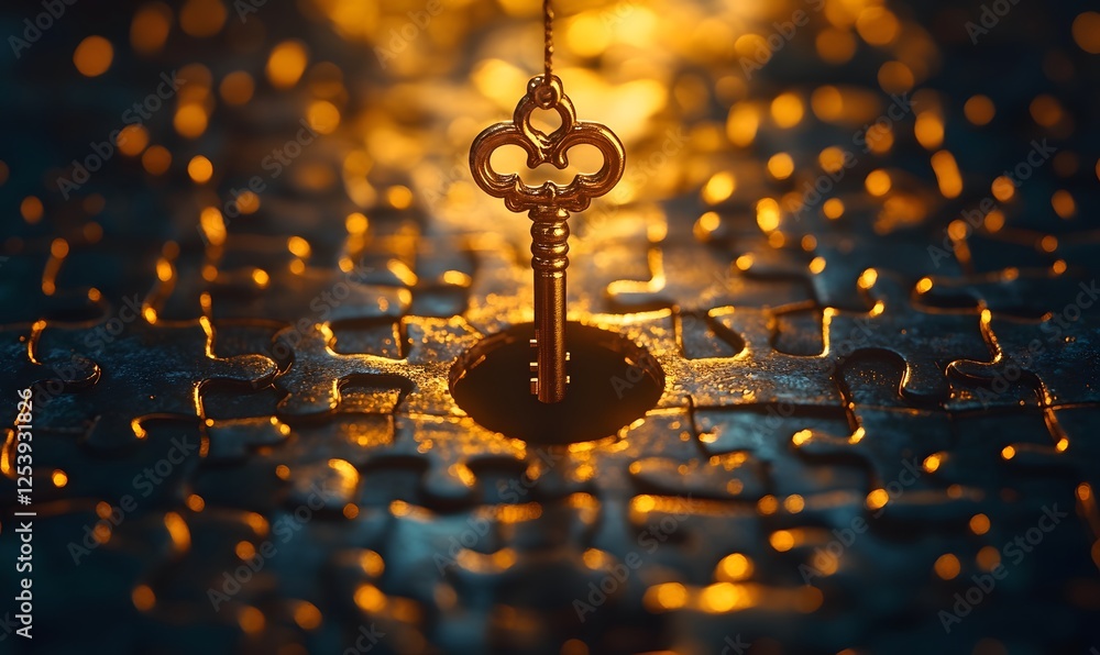 Poster golden key poised above a puzzle with a dark moody and bokeh background