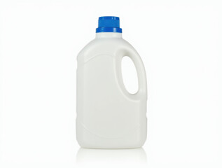 Minimalistic image of a white plastic bottle for liquid detergent standing upright on a seamless white background. Perfect for branding, packaging design, and product presentations.