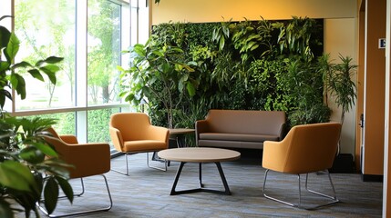 Modern Office Lounge Area with Vibrant Yellow Chairs and Lush Green Living Wall Natural Plants Decorated Space Tranquil Workspace Environment Calm    