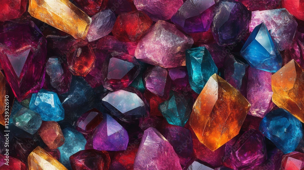 Poster many colorful gemstone crystals creating an abstract pattern and design