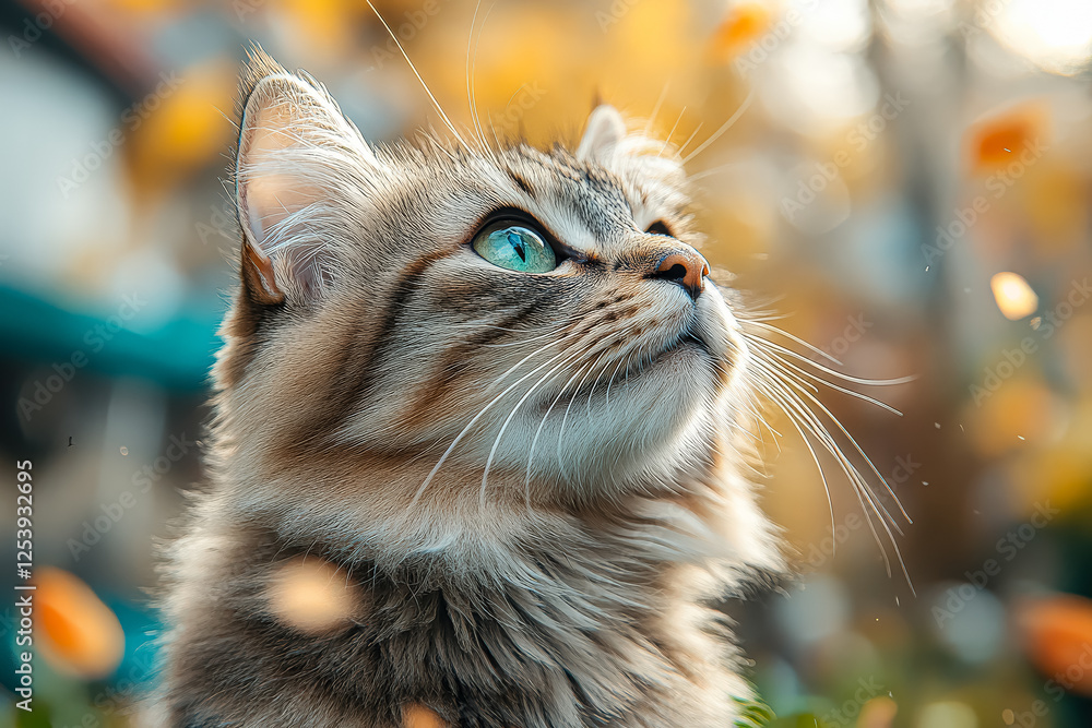 Poster cat is sitting in a field of green grass. the cat is looking at the camera with a curious expression