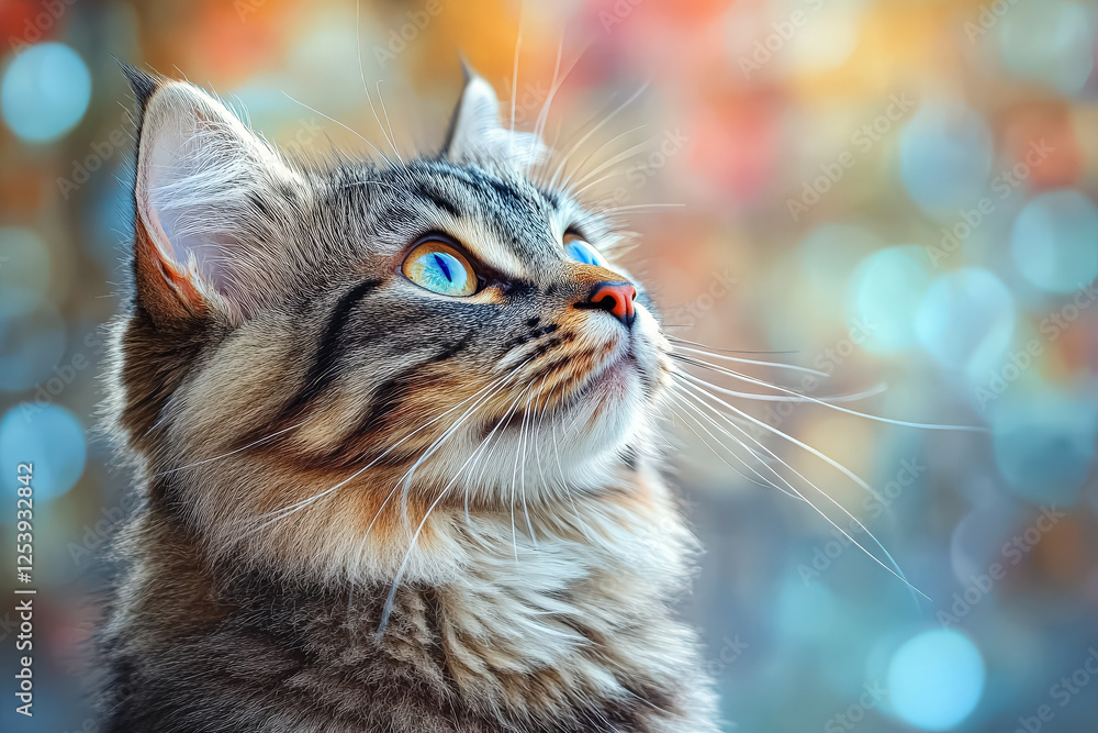 Poster cat is sitting in a field of green grass. the cat is looking at the camera with a curious expression