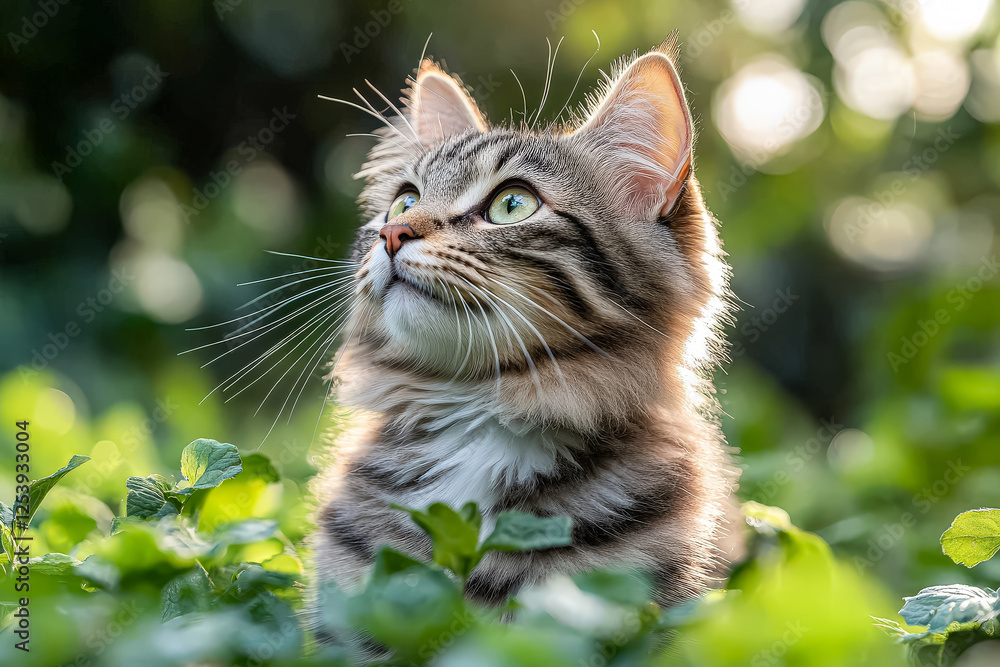 Poster cat is sitting in a field of green grass. the cat is looking at the camera with a curious expression