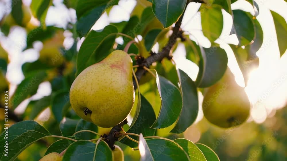 Poster Golden pears hanging from branches in an orchard, illuminated by the setting sun, creating a warm and inviting atmosphere, captured in a mesmerizing slow motion sequence