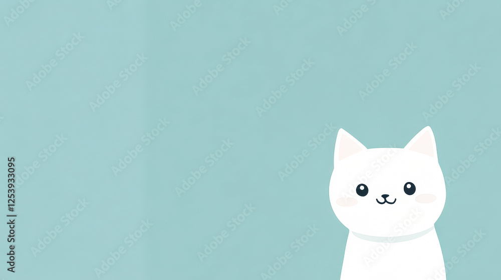 Poster white cat is smiling and looking at the camera. the background is a light blue color. the cat is the