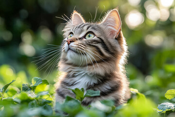 Obraz premium Cat is sitting in a field of green grass. The cat is looking at the camera with a curious expression