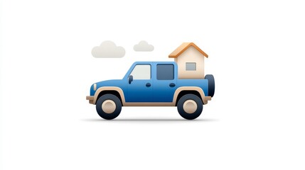 Fototapeta premium Blue pickup truck transporting a small house, designed in a playful and modern style, set against a minimalistic background with soft clouds, perfect for creative projects.