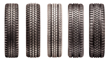 Set of Various Tire Treads in Close-Up View isolated on white background as transparent. PNG. AI GENERATED