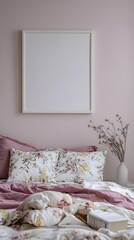 A cozy, soft lavender-toned room with floral bedding and a framed white canvas as decor.