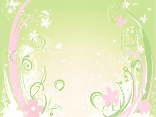Obraz premium Floral Spring Background: Pastel pink and green floral design with swirling patterns, butterflies, and flowers create a gentle and airy springtime mood. Perfect for invitations, cards.
