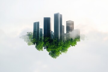 Obraz premium Floating Cityscape Surrounded by Greenery in Mist