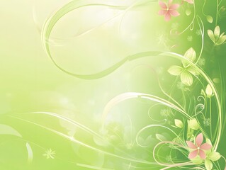 Obraz premium Springtime Floral Fantasy: Delicate pink and green flowers intertwine with elegant swirling lines against a soft, light green backdrop, creating a dreamy and romantic atmosphere.
