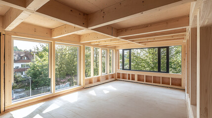 Interior of a structure showcasing natural wood framing and large windows, blending architectural design with natural light and outdoor views.