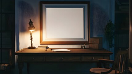 A cozy vintage study with an old wooden desk, a blank white frame above, and warm lighting.