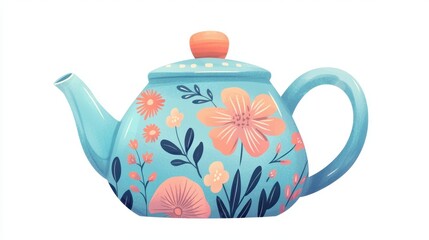 A decorative teapot with a vibrant floral design in shades of blue and pink, featuring a rounded shape and a playful orange knob.