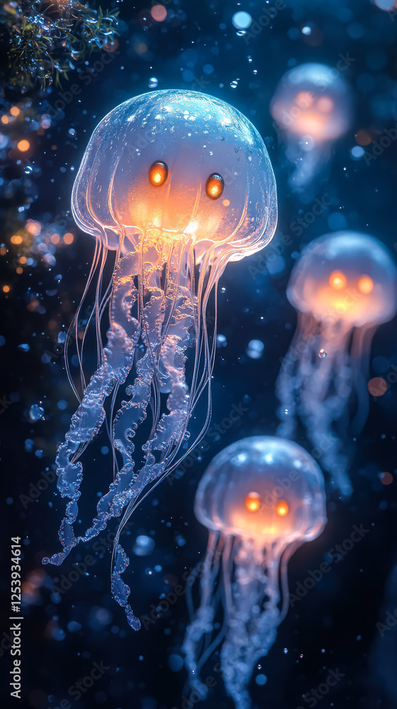 Poster jellyfish with a glowing orange tail is surrounded by bubbles. the jellyfish is the main focus of th