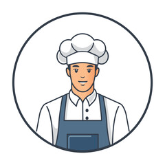 Chef, cook, baker logo in uniform with chef hat. Simple icon, smiling chef, isolated icon in a round frame. Restaurant design concept. Vector illustration
