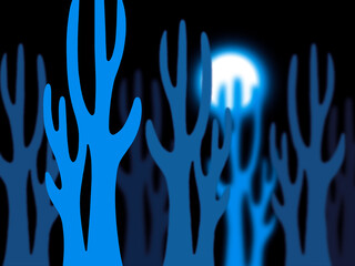 Illustration of a night scene including moon and trees