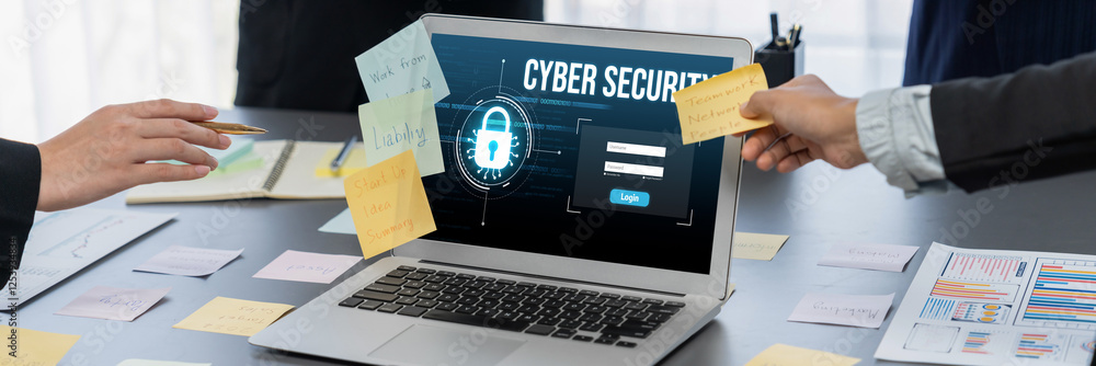 Poster cyber security system on computer screen protect private information brisk from hacker and cyber att